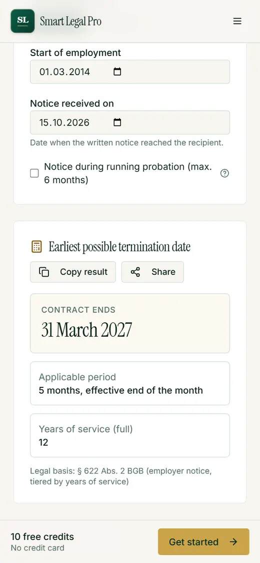 Notice period calculator on a smartphone: result on a small screen