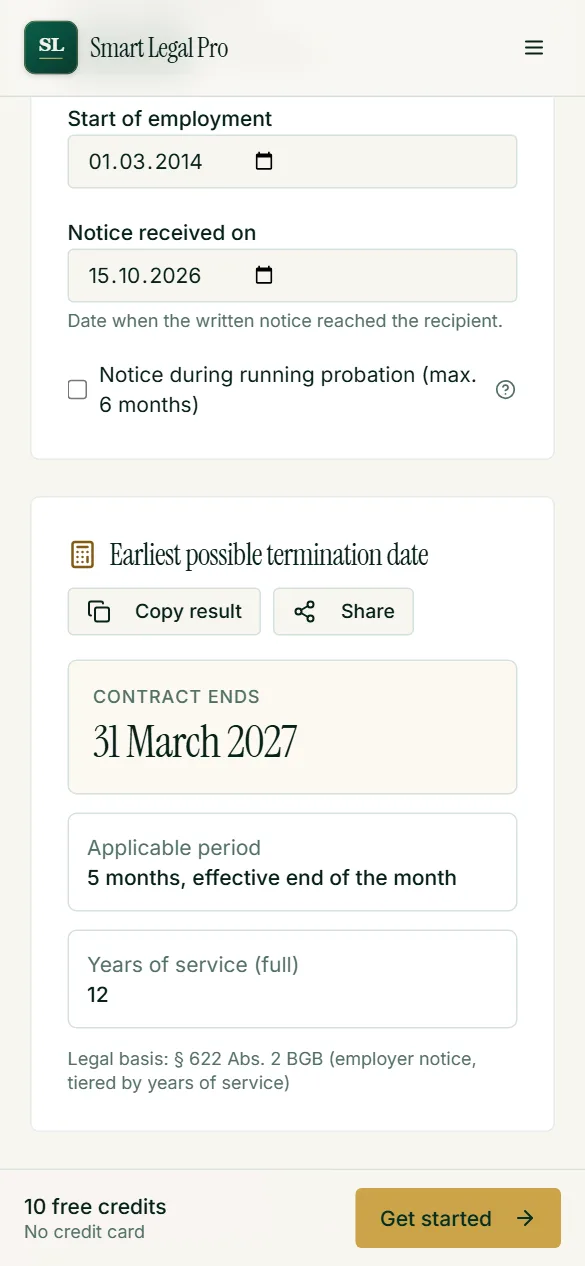 The notice period calculator in smartphone view: enter the dates and read the end of the contract, the period and the legal basis below.