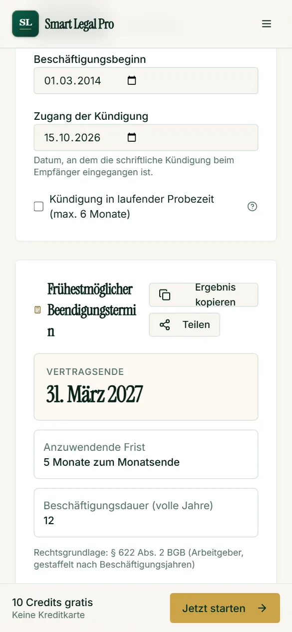 Der Kündigungsfristen-Rechner in der Smartphone-Ansicht: Daten eintragen und darunter Vertragsende, Frist und Rechtsgrundlage ablesen.
