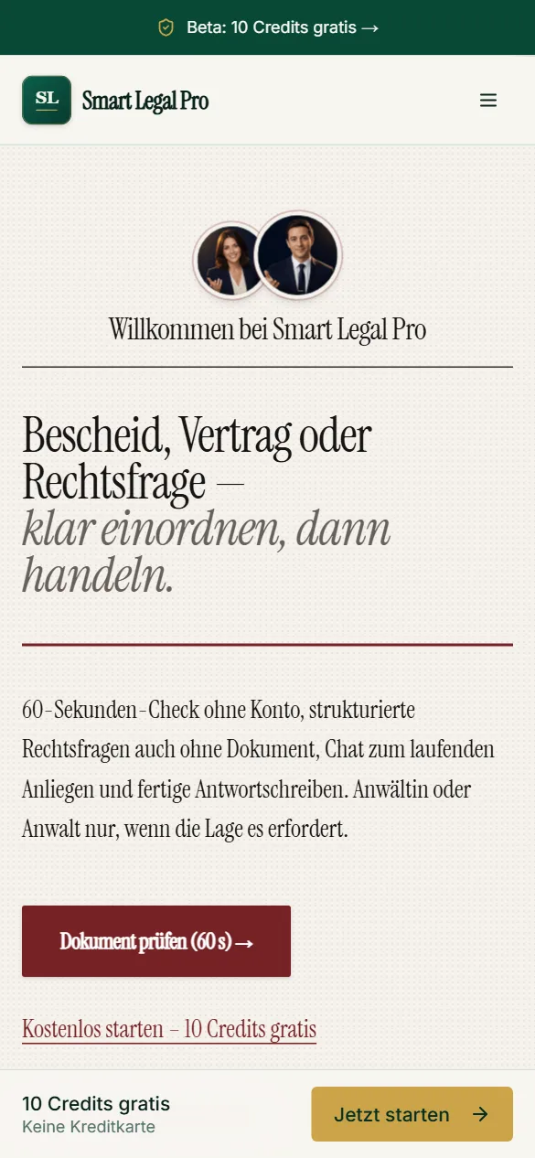 Die Startseite auf kleinem Bildschirm: Anliegen beschreiben, Dokument prüfen und kostenlos starten, mit großen Tippflächen und fester Leiste unten.