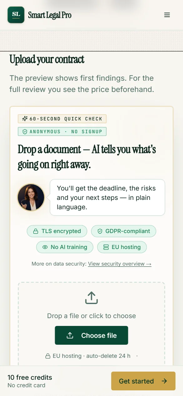 The contract quick check on the phone: choose a file, anonymous and without sign-in, the preview shows first points of concern.