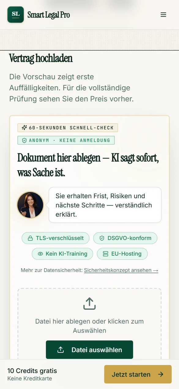Der Vertrags-Schnell-Check auf dem Handy: Datei auswählen, anonym und ohne Anmeldung, die Vorschau zeigt erste Auffälligkeiten.