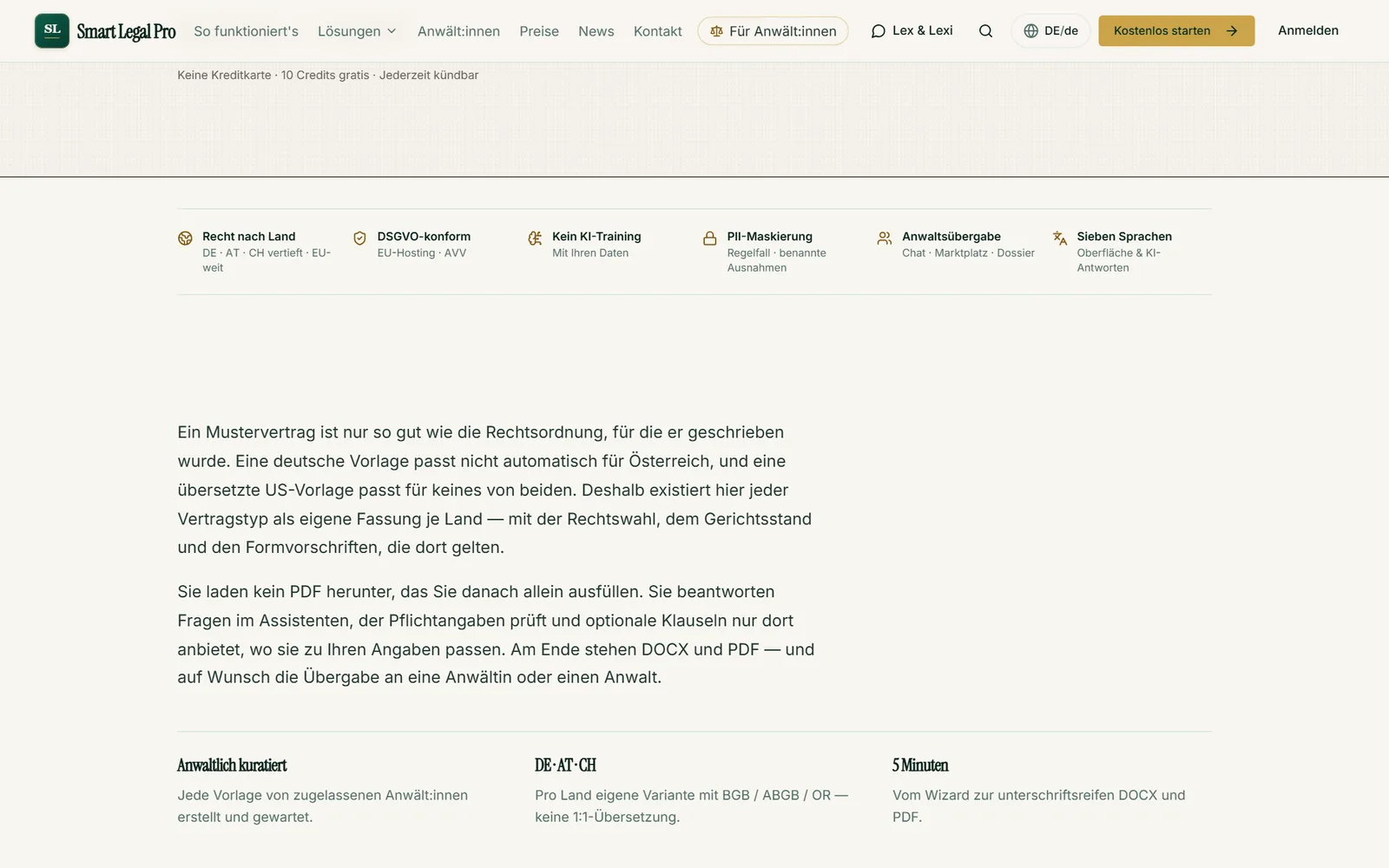 Warum Musterverträge je Land eine eigene Fassung haben und wie der Assistent Pflichtangaben prüft und optionale Klauseln anbietet.