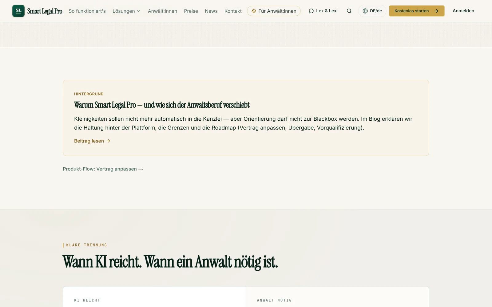 Das Prinzip hinter dem Produkt: Orientierung statt Blackbox, klare Grenzen und die Übergabe an Anwältinnen und Anwälte, wenn es erforderlich wird.