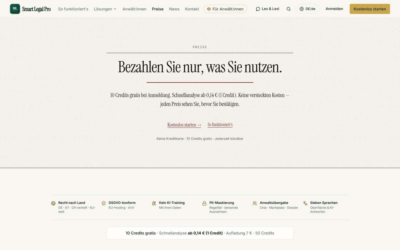 Die Preisseite für Privatpersonen: kostenlose Start-Credits, Abrechnung nach Nutzung und der Preis jeder Aktion vor der Bestätigung.