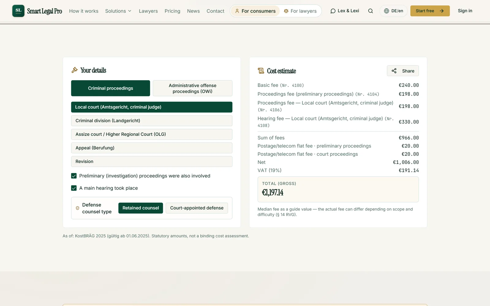 Choose type of proceedings, instance and type of defense counsel: the calculator lists the fees from the remuneration schedule and the total.