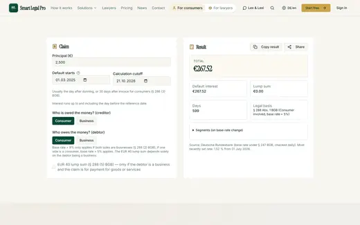 Enter claim, start of default and cut-off date: the calculator names default interest, days and legal basis and shows the calculation periods.