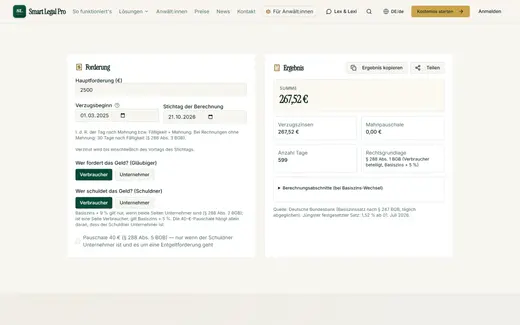 Forderung, Verzugsbeginn und Stichtag eintragen: Der Rechner nennt Verzugszinsen, Tage und Rechtsgrundlage und zeigt die Berechnungsabschnitte.