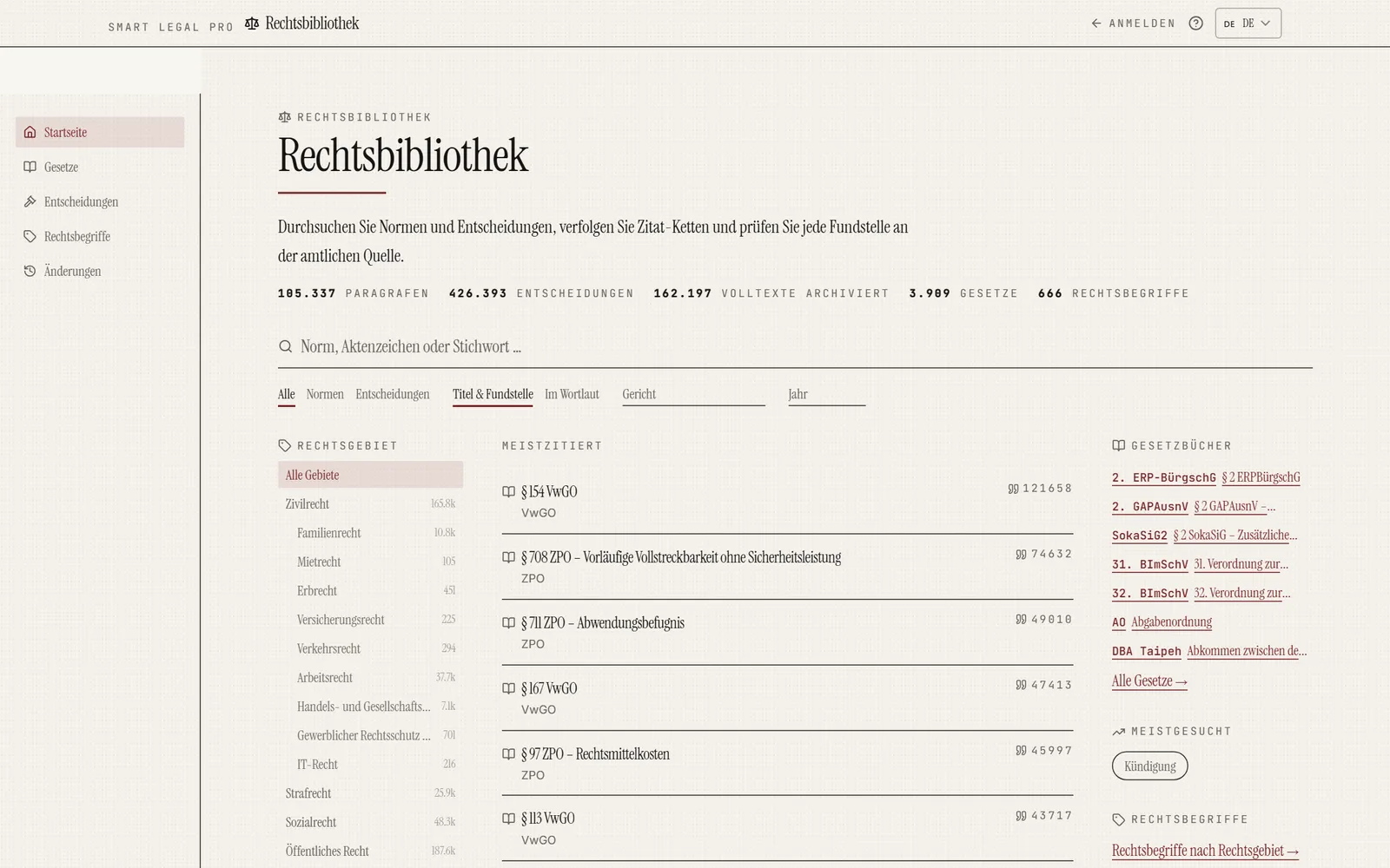 Die Startseite der Rechtsbibliothek: Suche nach Norm, Aktenzeichen oder Stichwort, Filter nach Rechtsgebiet und die meistzitierten Normen.