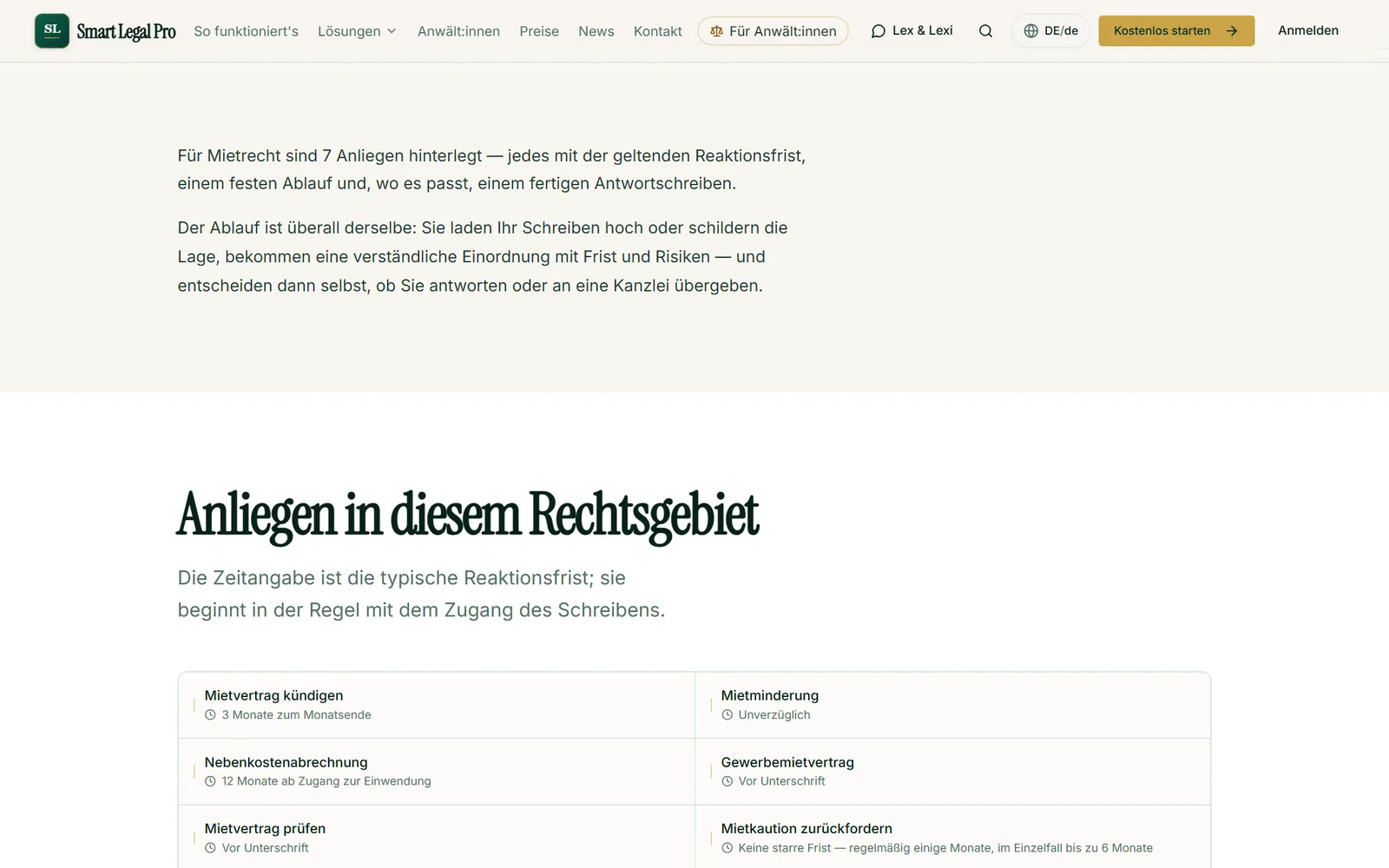 Die Seite zum Mietrecht nennt typische Anliegen wie Kündigung, Mietminderung und Kaution mit ihrer Reaktionsfrist und erklärt den Ablauf.
