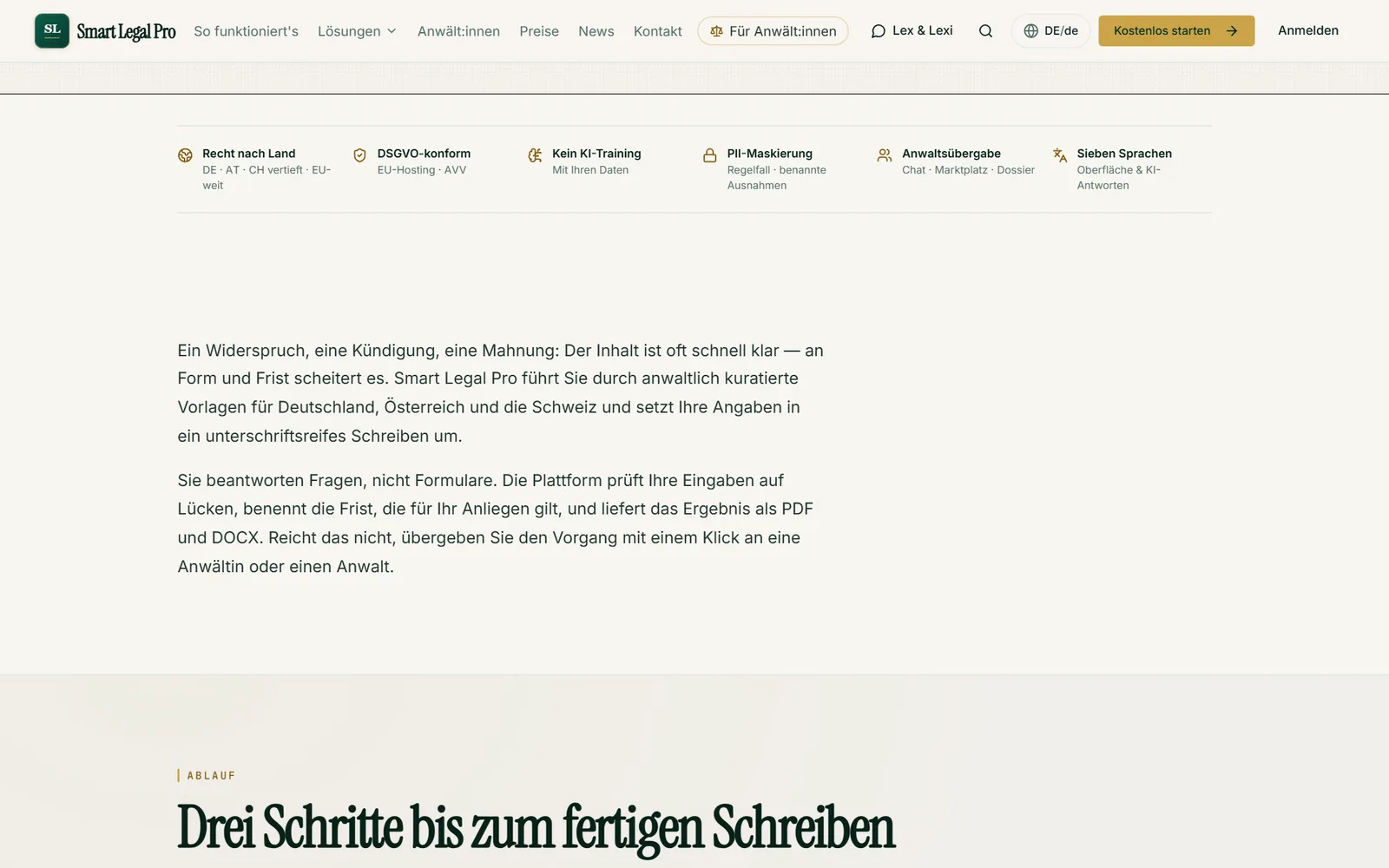 Die öffentliche Seite Schreiben erklärt, wie die Plattform durch Vorlagen führt, Angaben auf Lücken prüft und PDF oder DOCX liefert.