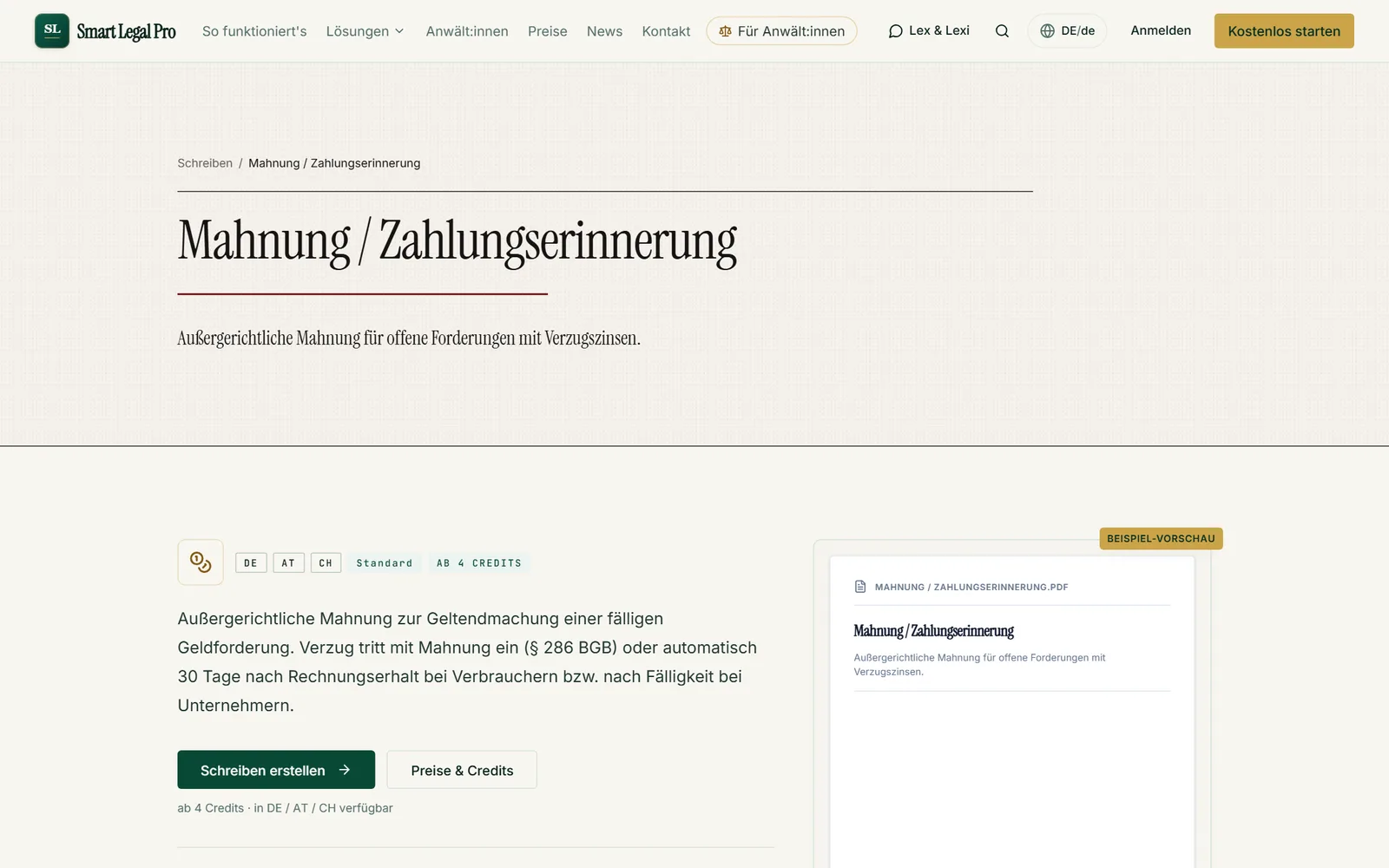 Die Detailseite zur Mahnung beschreibt die Vorlage, nennt die Länder und zeigt eine Beispielvorschau des Dokuments.