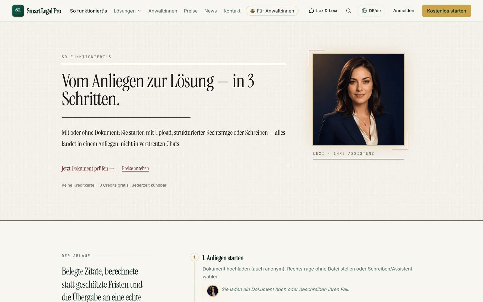 Die Ablaufseite für Privatpersonen: Anliegen starten, mit Dokument oder ohne, und alles bleibt in einem Anliegen statt in verstreuten Chats.