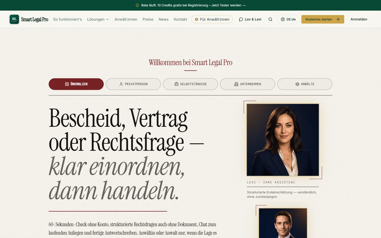 Der Einstieg für Privatpersonen: Profil wählen, Schreiben prüfen lassen oder eine Rechtsfrage stellen, begleitet von der Assistentin Lexi.