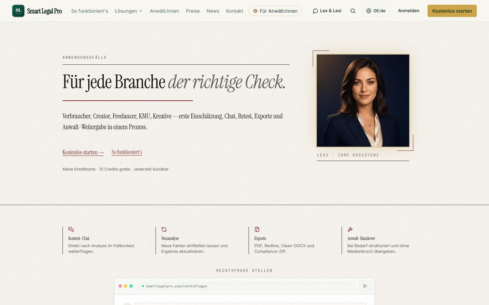 Die Seite zeigt, für wen und wofür Smart Legal Pro gedacht ist: Verbraucher, Freelancer, Unternehmen, mit Chat, Neuanalyse, Exporten und Anwaltsübergabe.