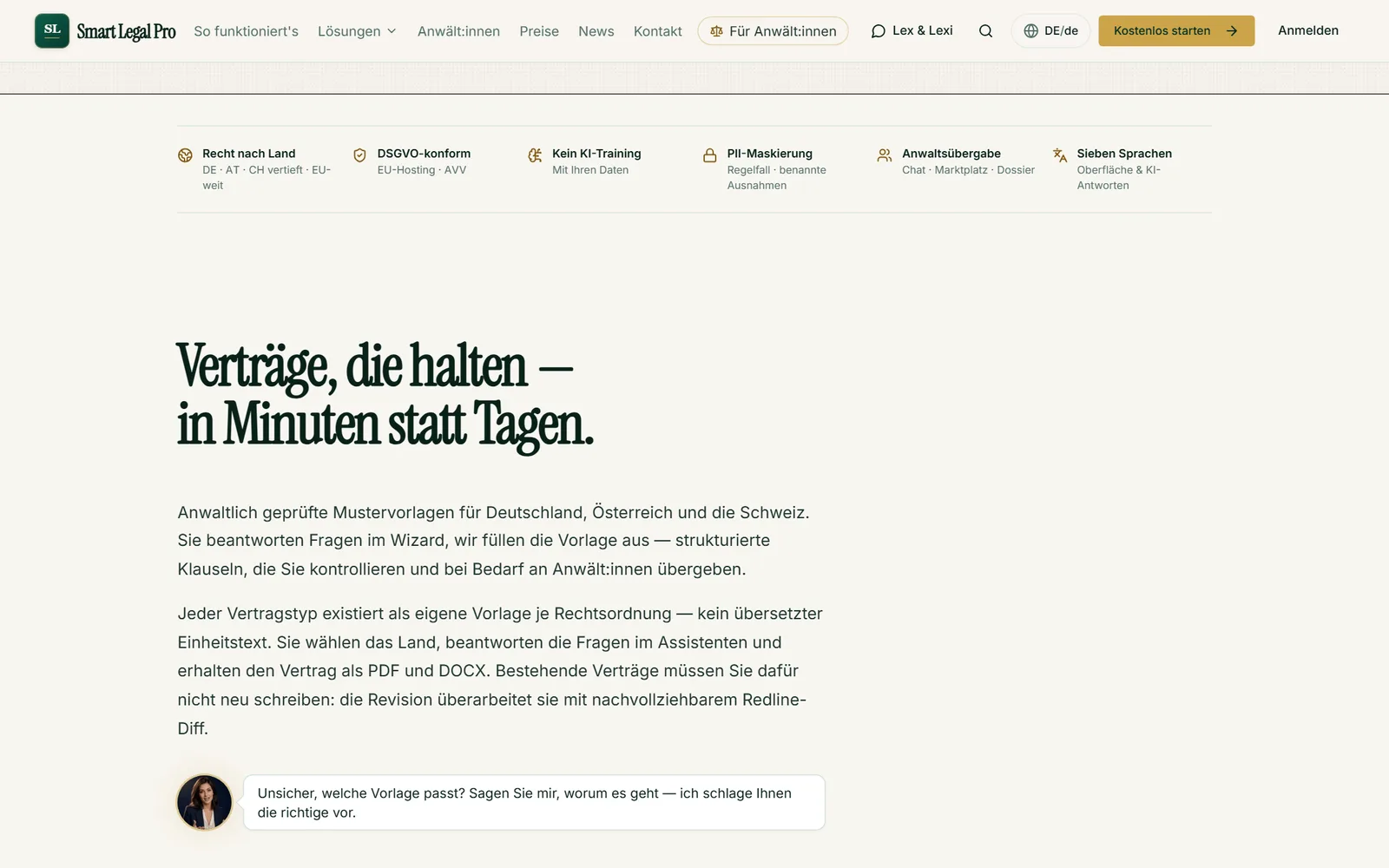 Vertrag per Assistent erstellen, eigene Vorlage je Rechtsordnung, Ergebnis als PDF und DOCX, bestehende Verträge per Revision überarbeiten.