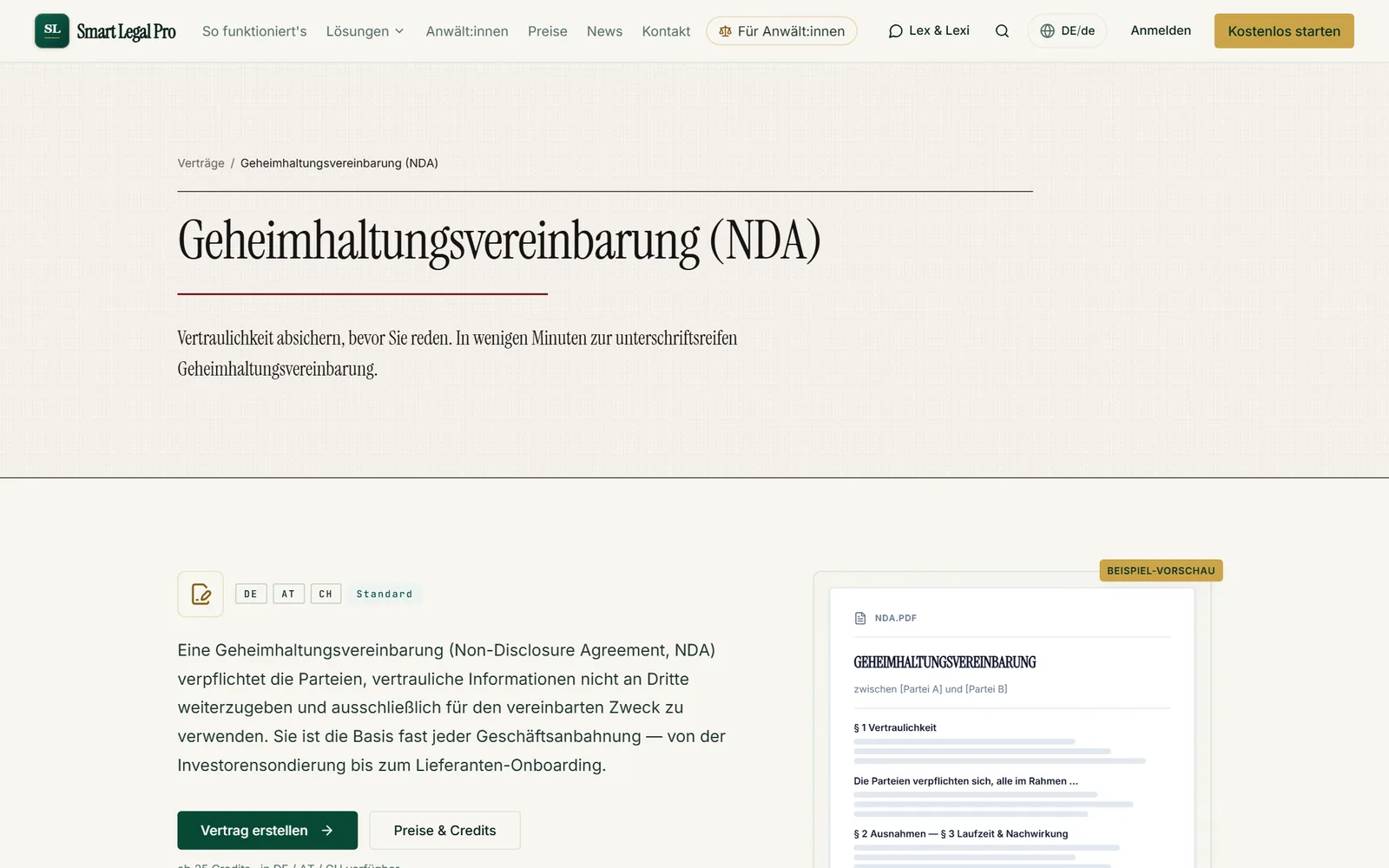 Die Detailseite erklärt, was eine NDA regelt, nennt die Länder und zeigt eine Beispielvorschau mit Abschnitten.