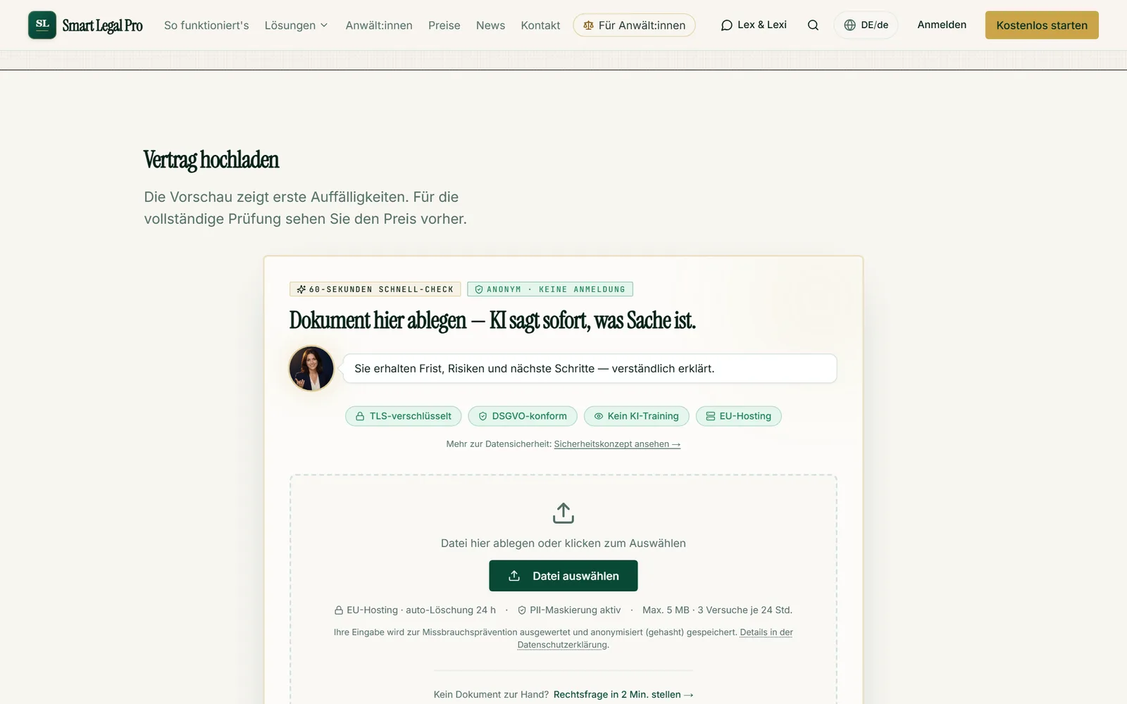 Der anonyme Upload zur Vertragsprüfung: Die Vorschau zeigt erste Auffälligkeiten, für die vollständige Prüfung steht der Preis vorab.