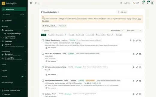 The AI reads the details from the letter and sorts them by type. Every detail carries its evidence, one click away: persons, amounts, dates, deadlines and the rental property.