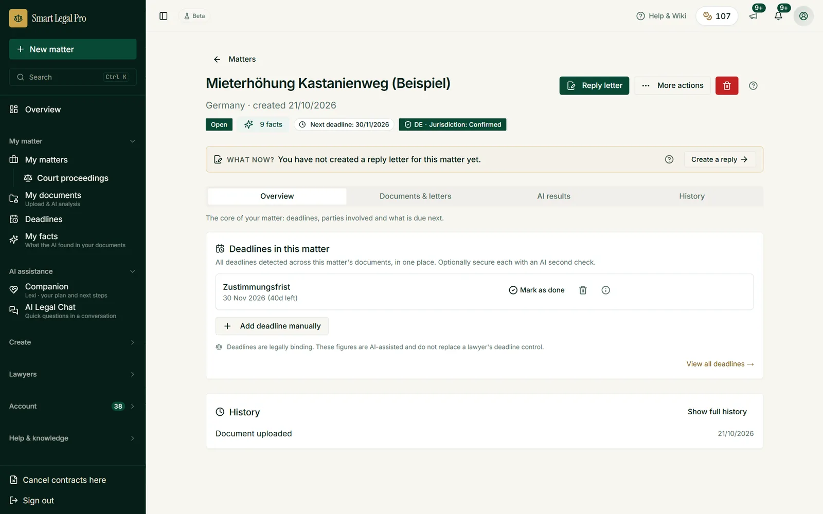 From the uploaded rent increase request (fictitious example), the app detects the consent deadline and proposes the next step. Deadlines are adopted only if they appear in the document.