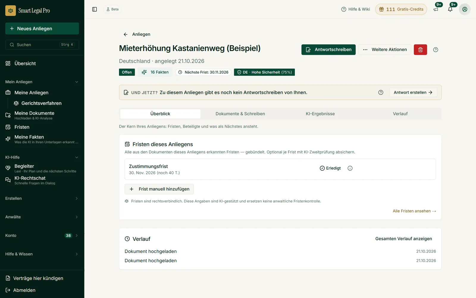 Aus dem hochgeladenen Mieterhöhungsverlangen (erfundenes Beispiel) erkennt die App die Zustimmungsfrist und schlägt den nächsten Schritt vor. Fristen werden nur übernommen, wenn sie im Dokument stehen.