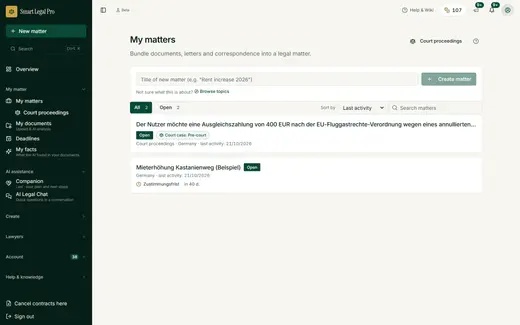 Each matter bundles documents, letters and deadlines in one place. The list shows status and next deadline, for example the consent deadline for a rent increase.