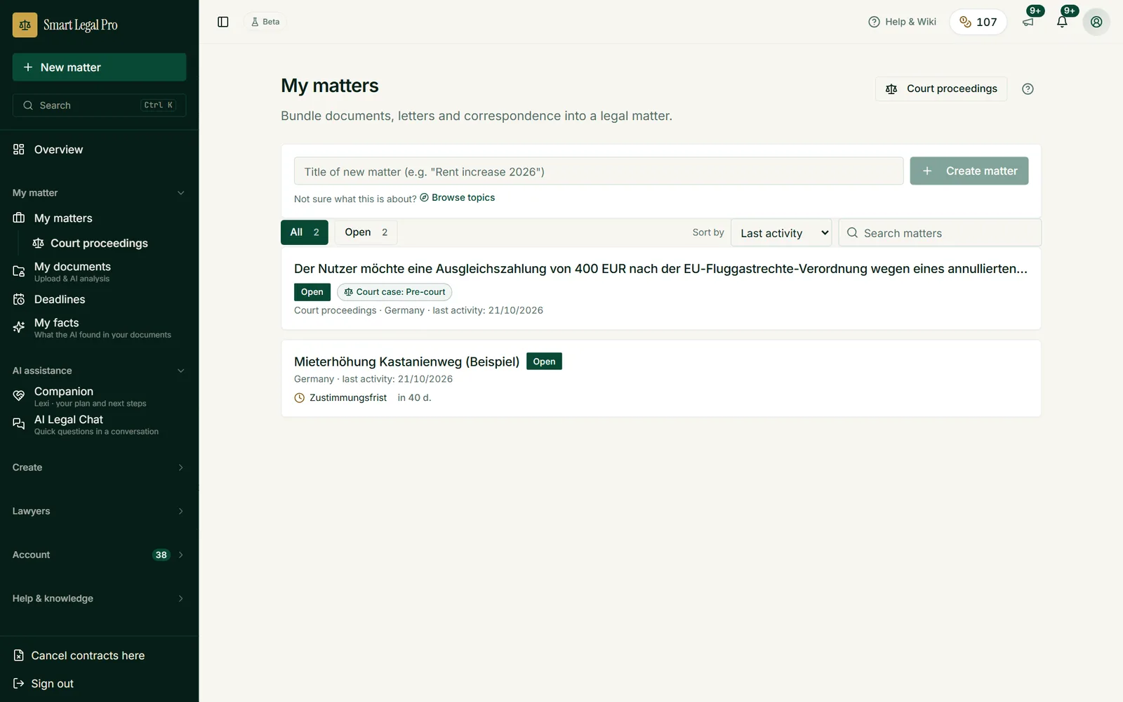 Each matter bundles documents, letters and deadlines in one place. The list shows status and next deadline, for example the consent deadline for a rent increase.