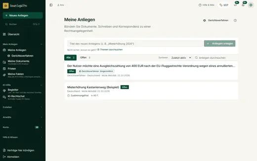 Jedes Anliegen bündelt Dokumente, Schreiben und Fristen an einem Ort. Die Liste zeigt Stand und nächste Frist, zum Beispiel die Zustimmungsfrist einer Mieterhöhung.