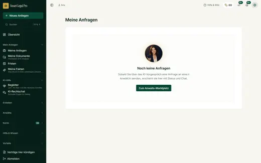 Hier laufen Ihre Anfragen an Kanzleien zusammen – mit Status und Chat; ein Knopf führt zum Anwaltsfinder.