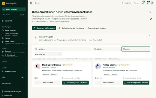 Anwaltsfinder: nach Rechtsgebiet und Ort filtern, Beispielprofile gekennzeichnet