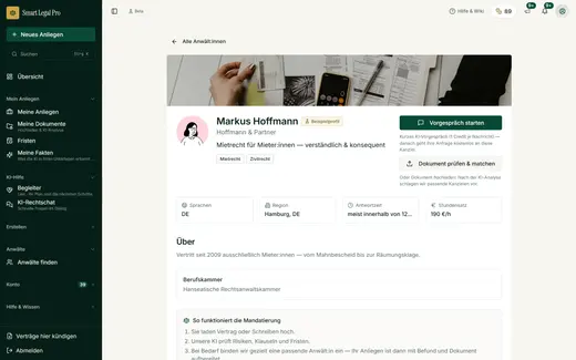 Anwaltsprofil: Schwerpunkte, Region, Antwortzeit und Vorgespräch mit Preis vorab