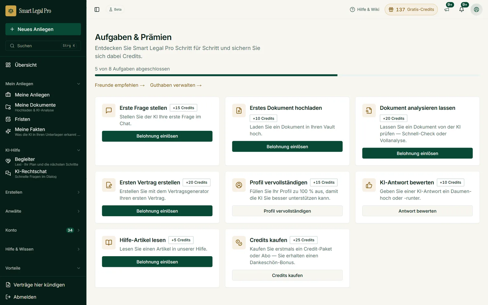 Kleine Einstiegsaufgaben wie erste Frage, erstes Dokument oder Profil bringen zusätzliches Guthaben.