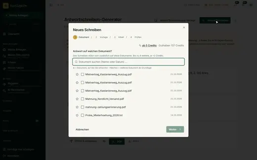 Neues Schreiben: Dokument wählen, auf das Sie antworten