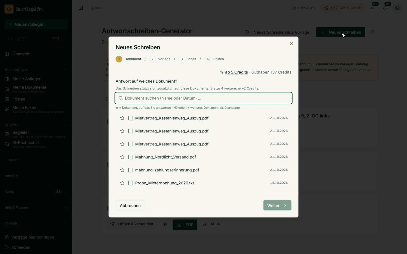 Der Dialog führt in vier Schritten zum Antwortbrief, im ersten Schritt wählen Sie das Dokument und sehen Preis und Guthaben.