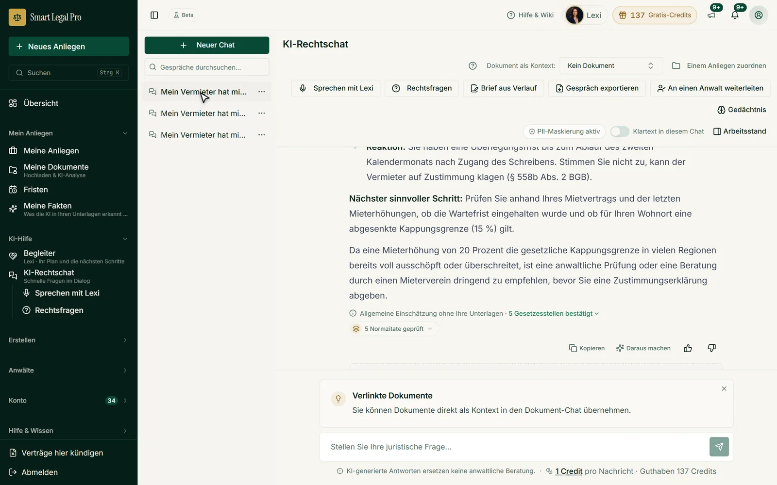Eine Chat-Antwort zur Mieterhöhung nennt Überlegungsfrist, Kappungsgrenze und geprüfte Normzitate und rät zur Prüfung.