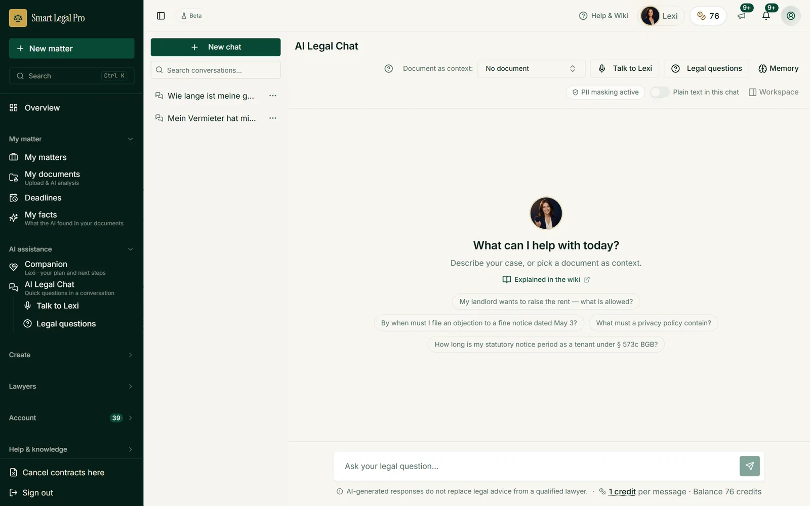 The chat for legal questions with sample questions, a document as context and a visible price per message.