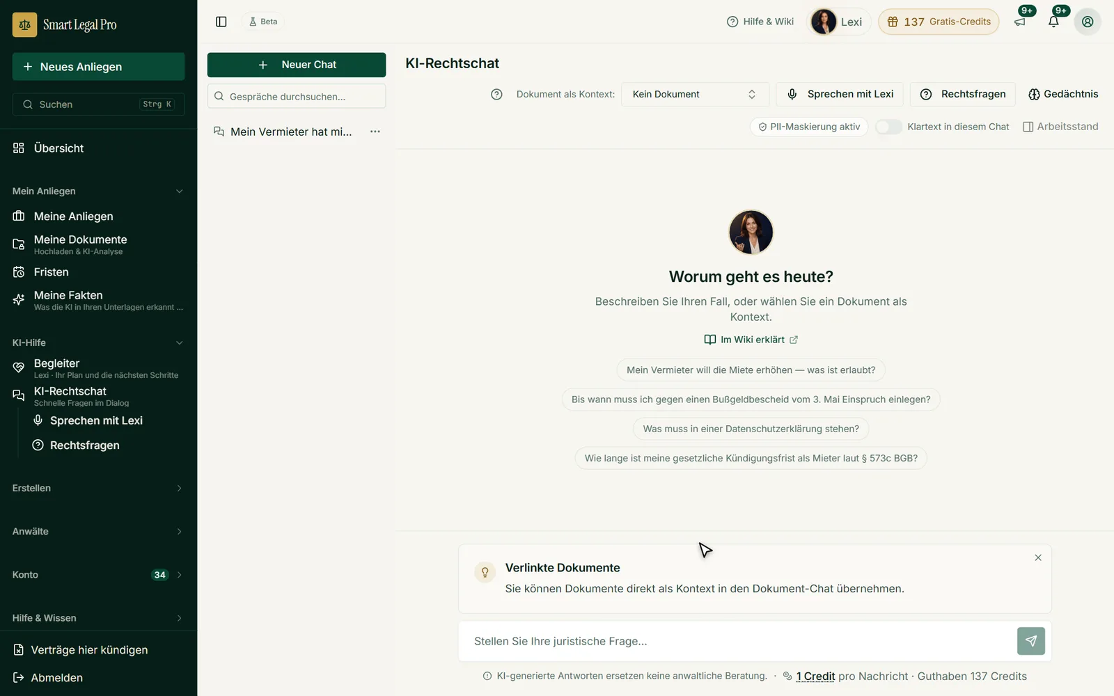 Der Chat für Rechtsfragen mit Beispielfragen, Dokument als Kontext und sichtbarem Preis pro Nachricht.