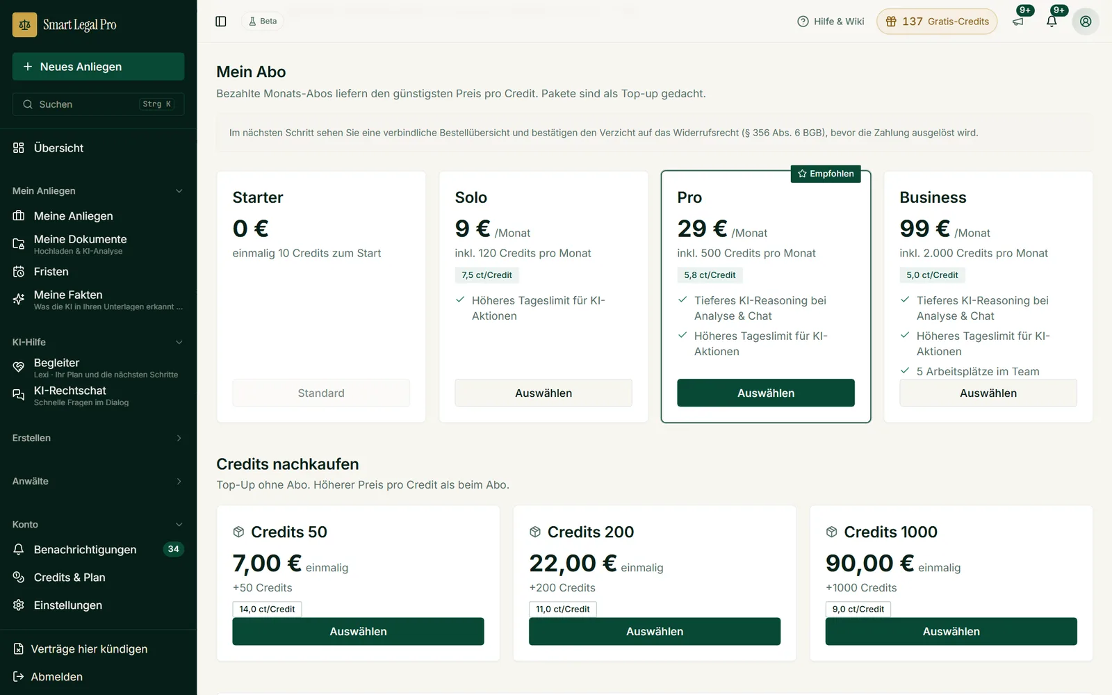 Vier Tarife mit Monatsguthaben und Preis je Credit, darunter Pakete zum einmaligen Nachkaufen; nur Ansicht.