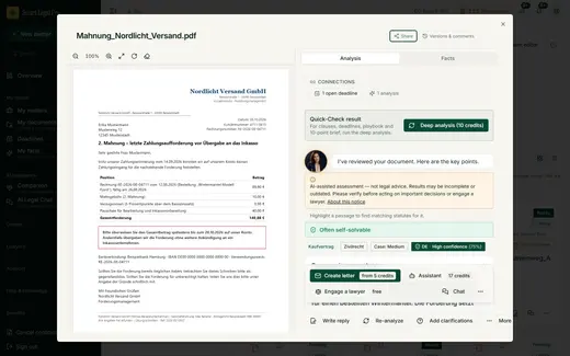 A second reminder next to the AI assessment in simple language, with the next actions and their price in advance.