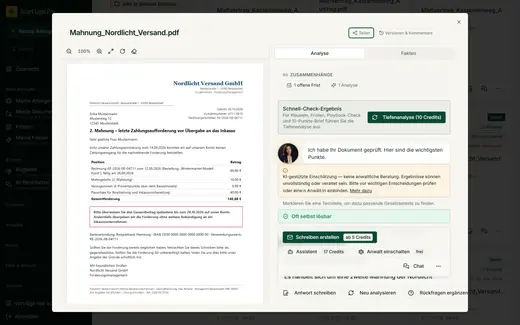 Eine zweite Mahnung neben der KI-Einschätzung in einfacher Sprache, mit den nächsten Aktionen und ihrem Preis vorab.