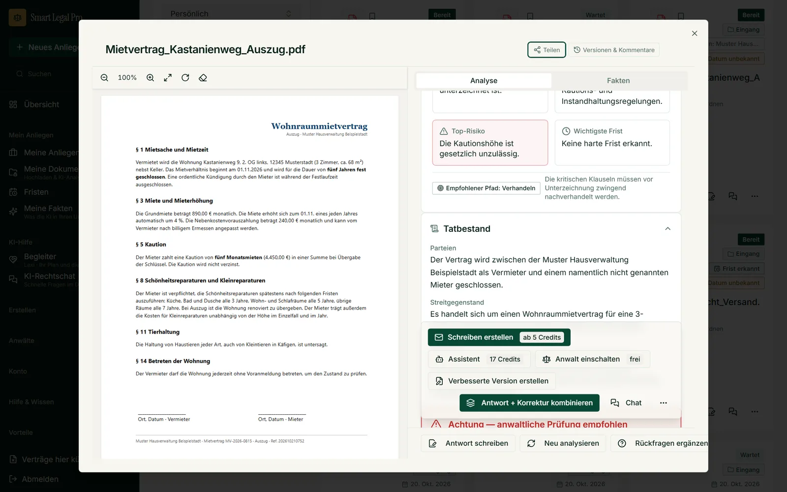 Weiter unten in der Analyse: Top-Risiko, Frist, empfohlener Pfad und eine Beschreibung der Vertragsparteien in einfachen Worten.