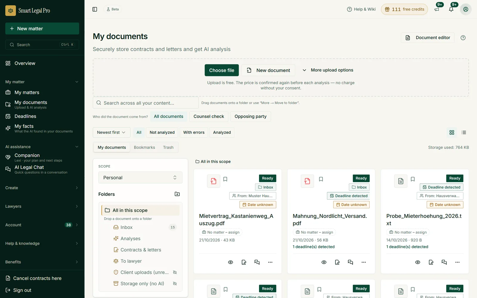 Uploaded letters and contracts with status, folders and a note on detected deadlines; the upload is free.