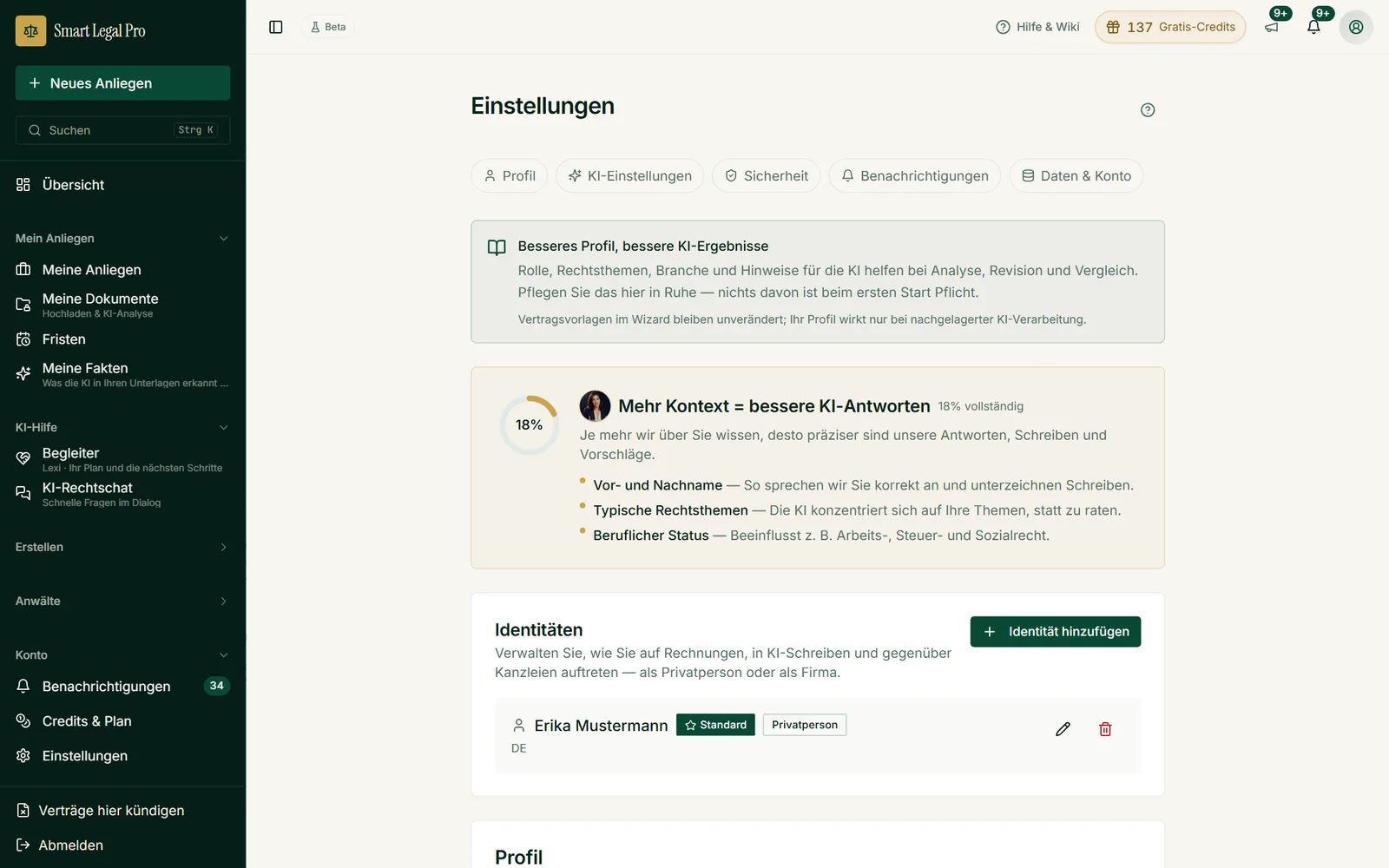 Profil vervollständigen für passendere KI-Antworten sowie KI-Einstellungen, Sicherheit, Benachrichtigungen und Daten an einem Ort.