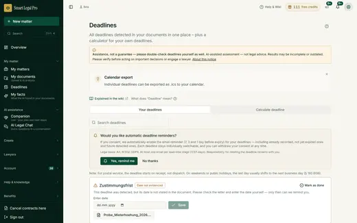 All deadlines detected from your documents in one place, with email reminder and calendar export.