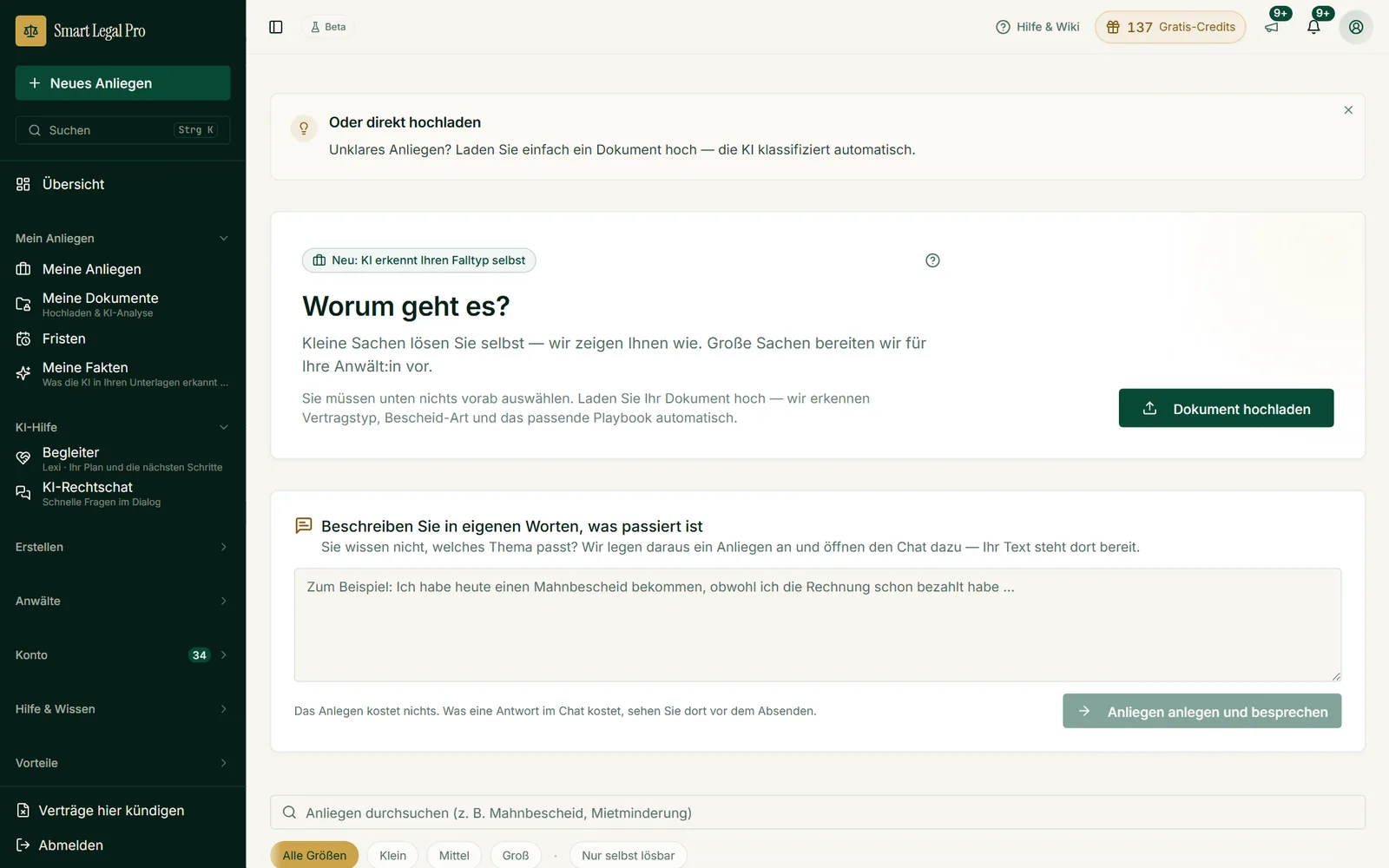 Der Einstieg für jeden Fall: ein Schreiben hochladen oder das Problem frei beschreiben, das Anlegen kostet nichts.