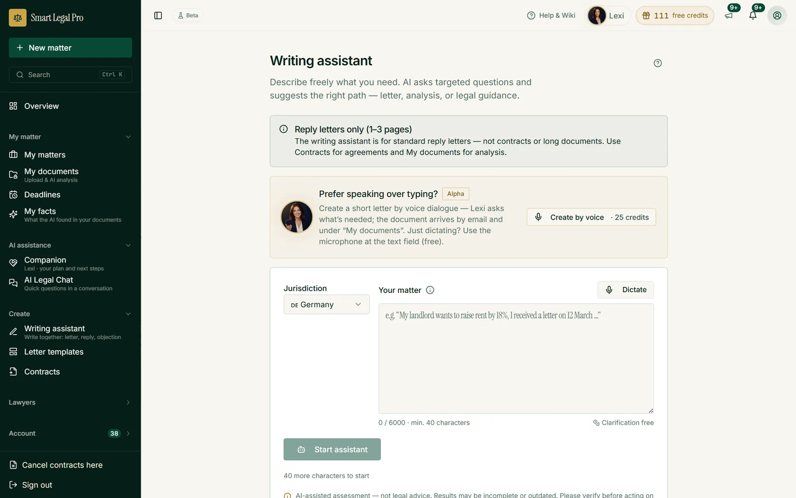 When no template fits: describe your matter freely, the AI asks follow-up questions and proposes the right path.