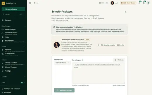 Schreib-Assistent: Anliegen frei beschreiben, KI fragt gezielt nach