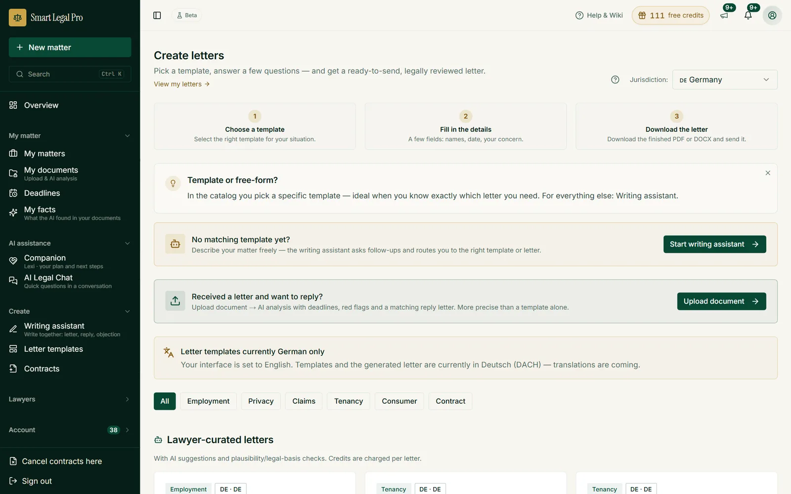 The letter catalog explains the process in three steps and offers templates, the writing assistant and the route via an uploaded letter.