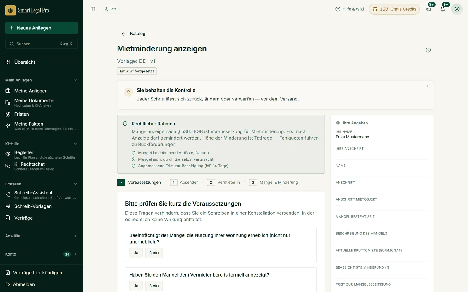Wenige Fragen statt leerem Blatt: Der Assistent führt durch die Angaben für eine Mietminderungs-Anzeige.