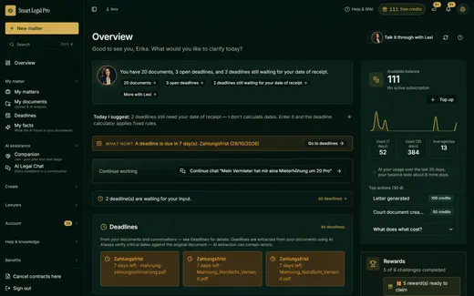 The app overview in dark mode with Lexi, deadline center, credit and next step.